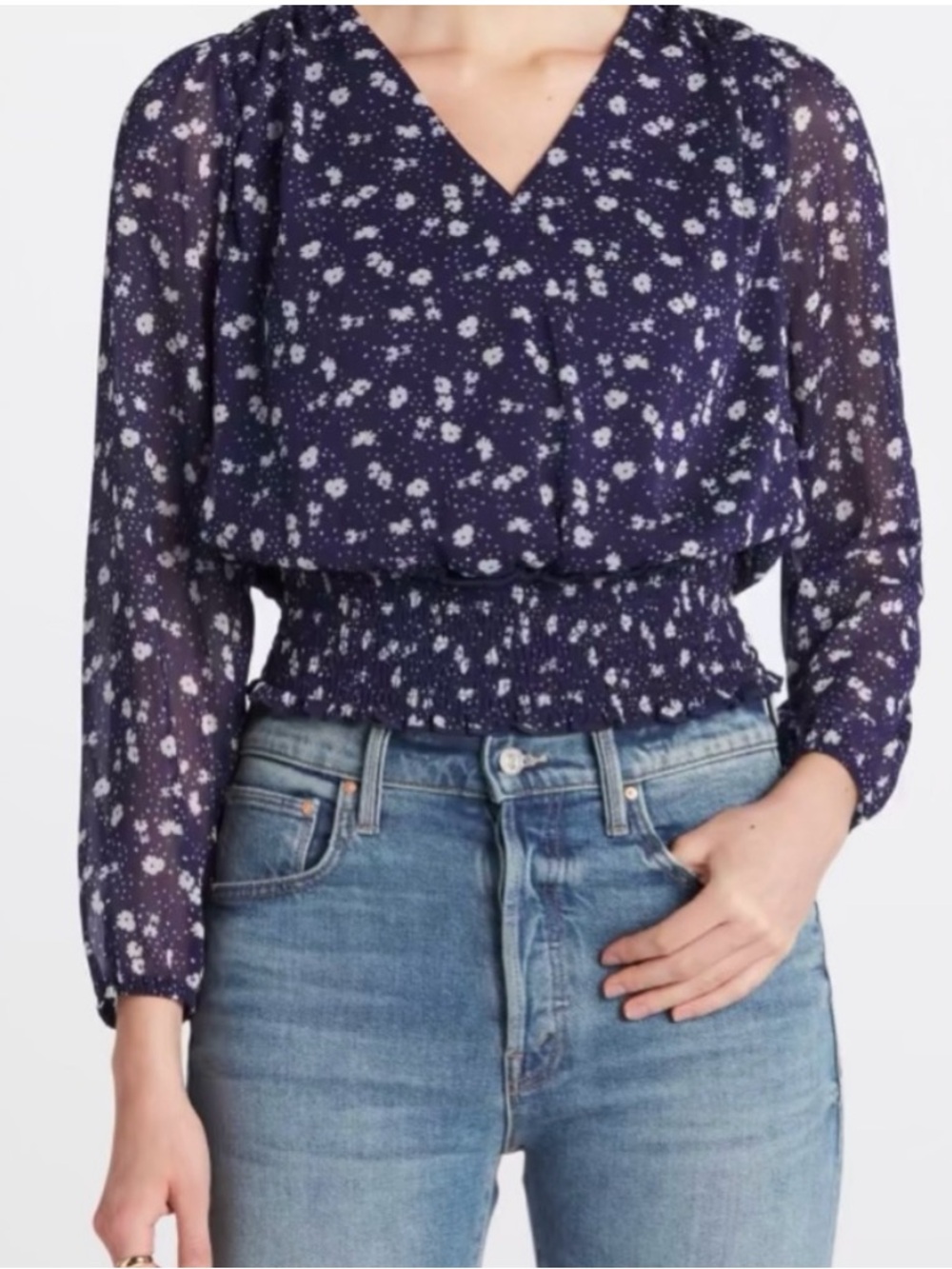 NWT Lush Valeria Cropped Smocked Long Sleeve Blue Floral Blouse Sz L